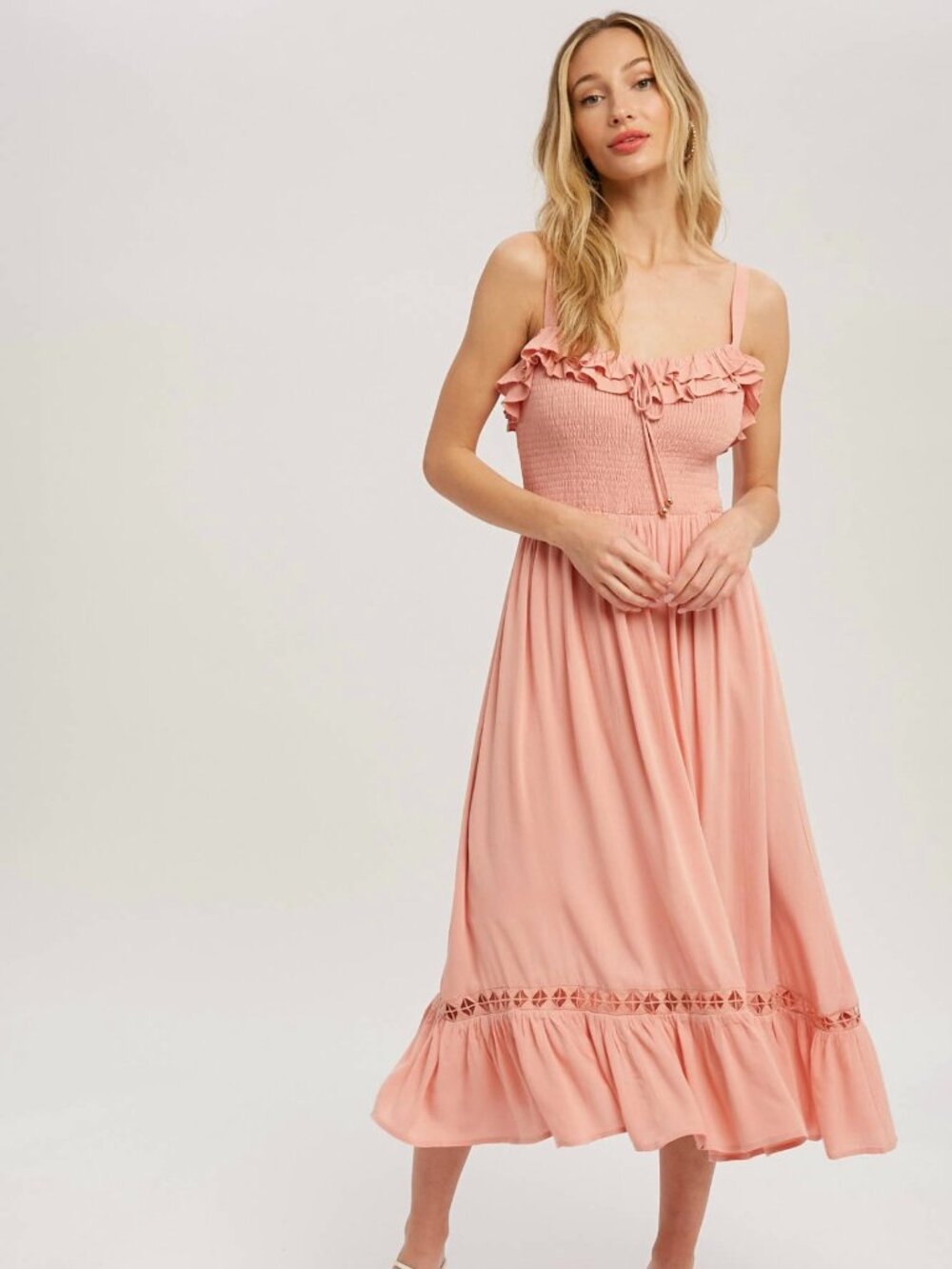 D17-Frill Smocked Midi Dress